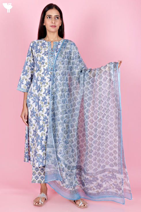 Bizzy Lizzy Kurta Pant Set With Kota Dupatta In Block Print